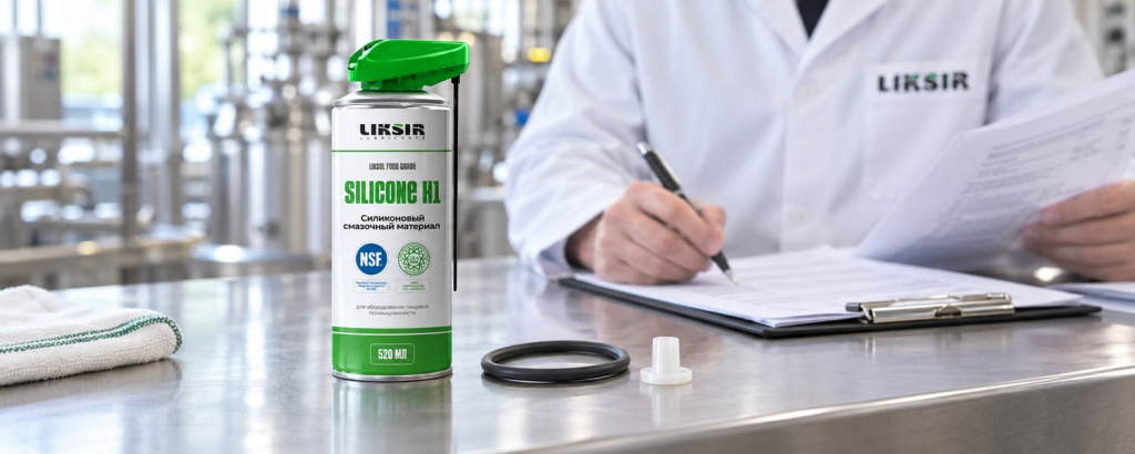 Баллон LIKSOL SILICONE H1 Spray, уплотнение и пластиковая деталь рядом с техническими документами